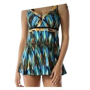 Septangle Colorful Boho Tropical Padded Bra V-Neck Swim Dress‎ Plus Size 24W